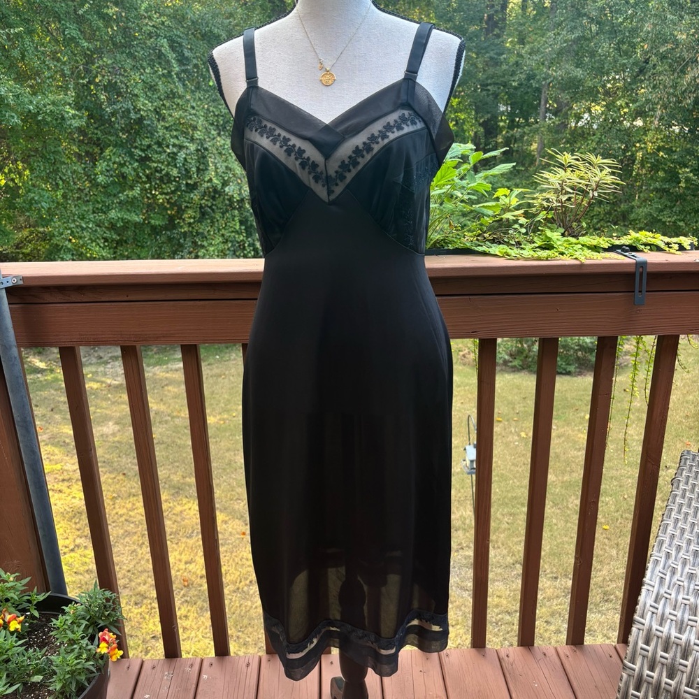 Vintage 1950s Black Full Slip | Sheer Nylon Embroidered Pinup Lingerie